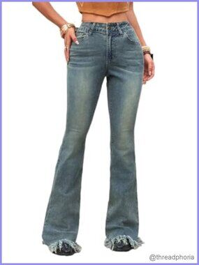 High Waisted Bell Bottom Jeans Women Stretchy Ripped Flare Denim Raw Hem